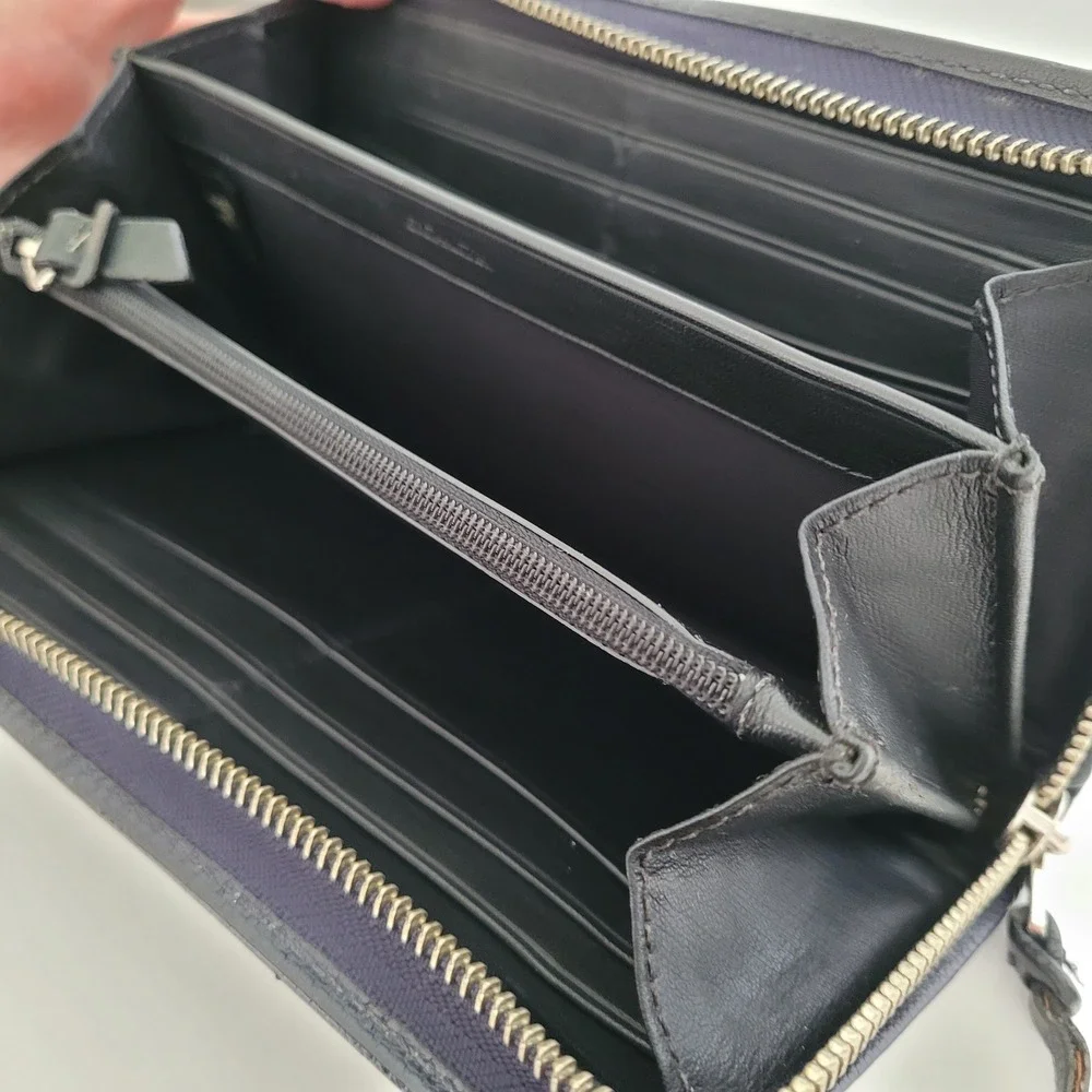 Coach Mens Accordion Zip Wallet Navy Blue Crossgrain Leather Long Wallet